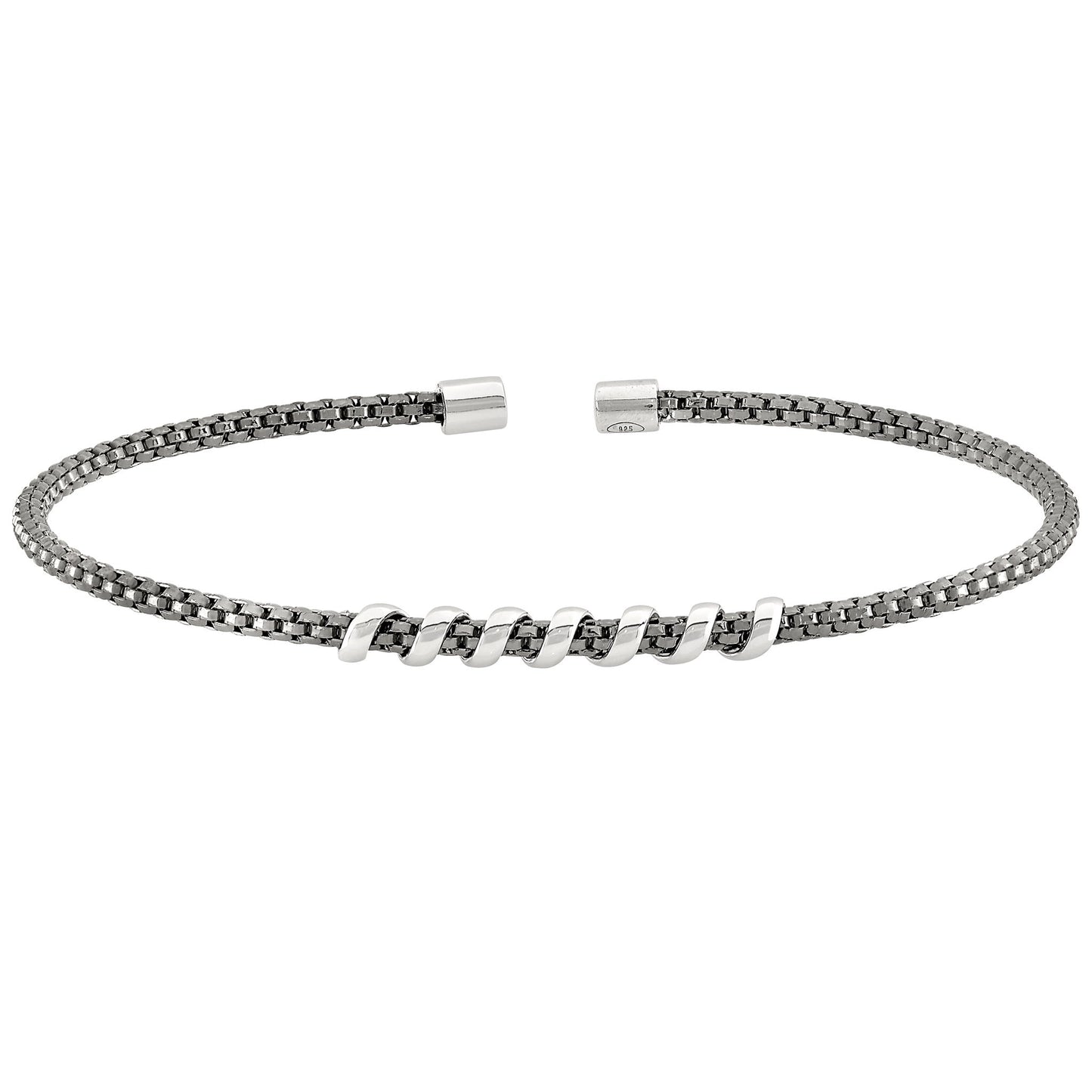 A spiral wrapped box link flexible cable bracelet displayed on a neutral white background.