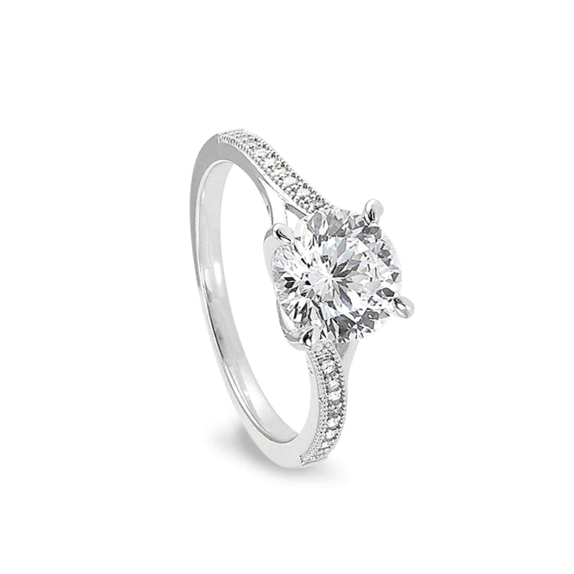 A split band engagement ring with 100 facet simulated diamond displayed on a neutral white background.