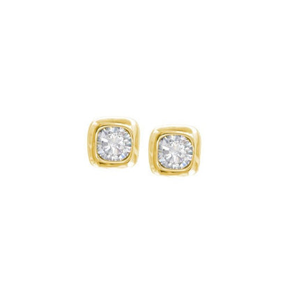A square bezel set simulated diamond earrings displayed on a neutral white background.