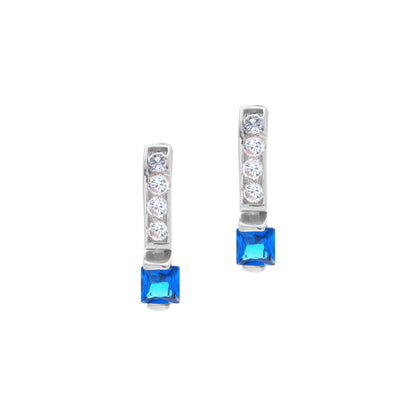 A square cubic zirconia and sapphire earrings displayed on a neutral white background.
