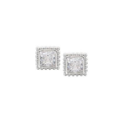 A square simulated diamond earrings displayed on a neutral white background.