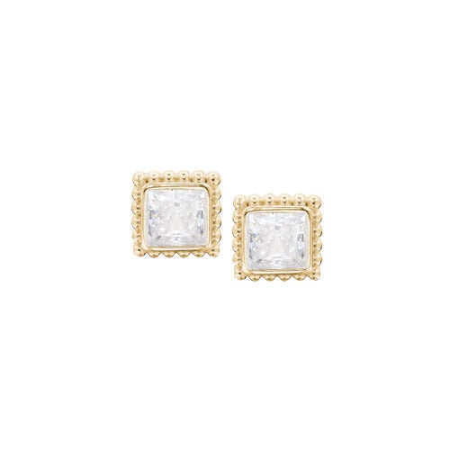A square simulated diamond earrings displayed on a neutral white background.