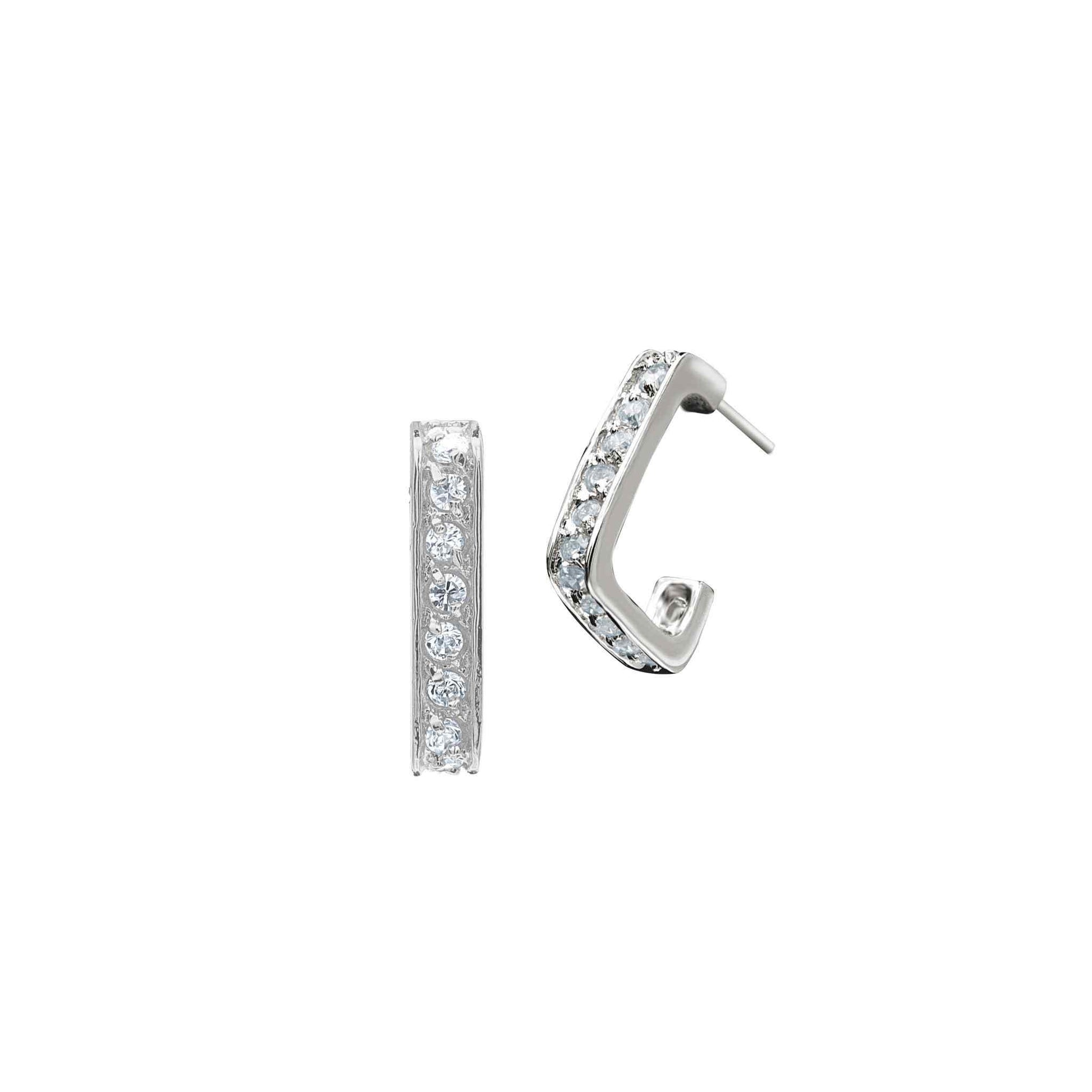 A square simulated diamond hoop earrings displayed on a neutral white background.