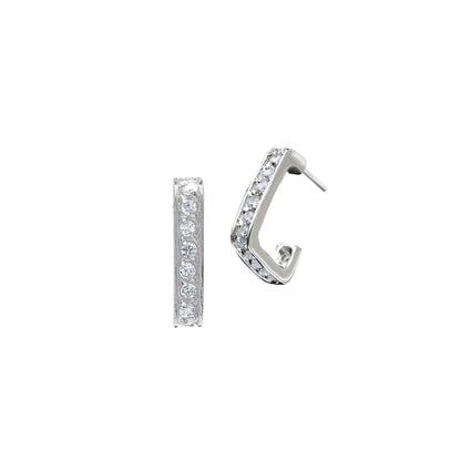 A square simulated diamond hoop earrings displayed on a neutral white background.