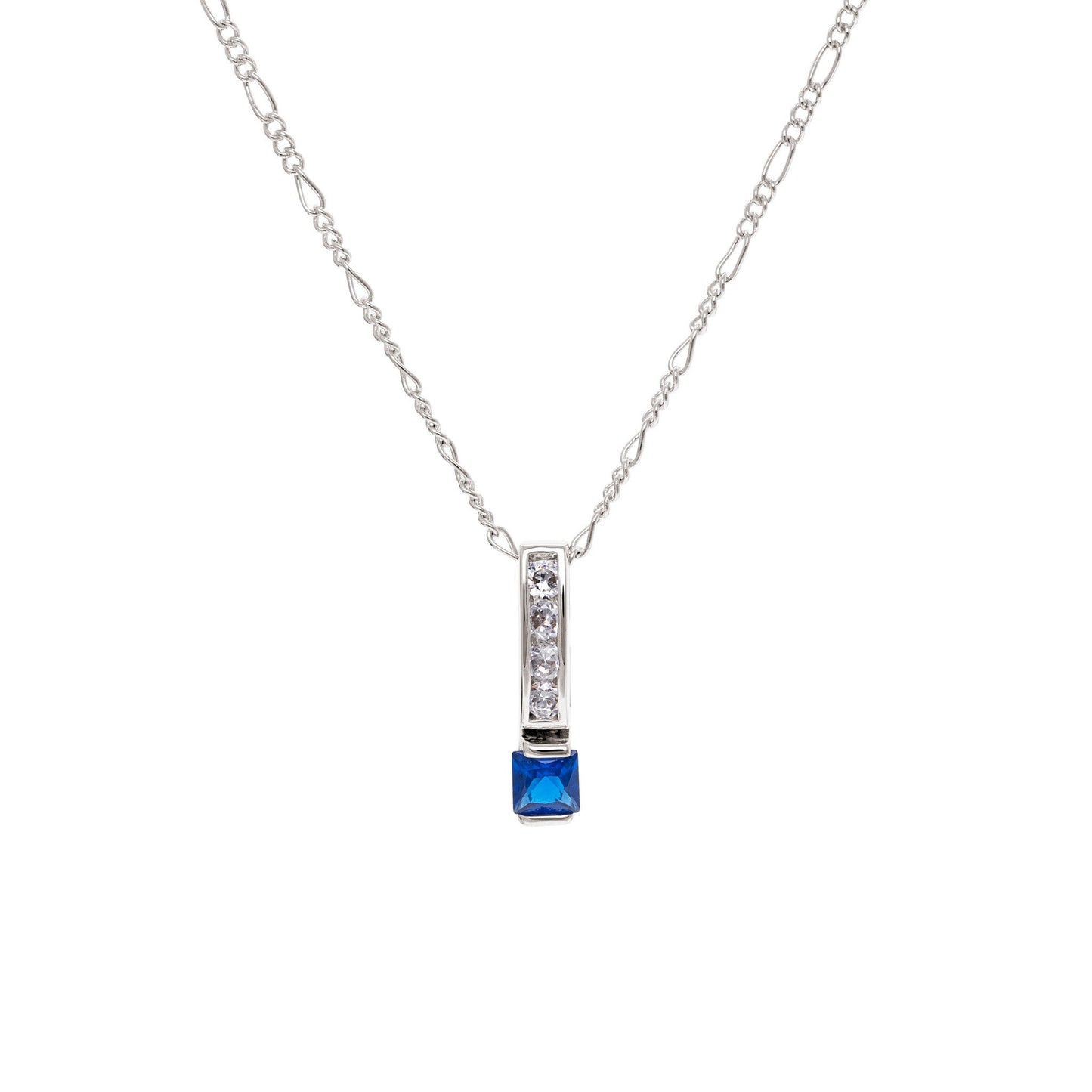 A square simulated diamond sapphire necklace displayed on a neutral white background.