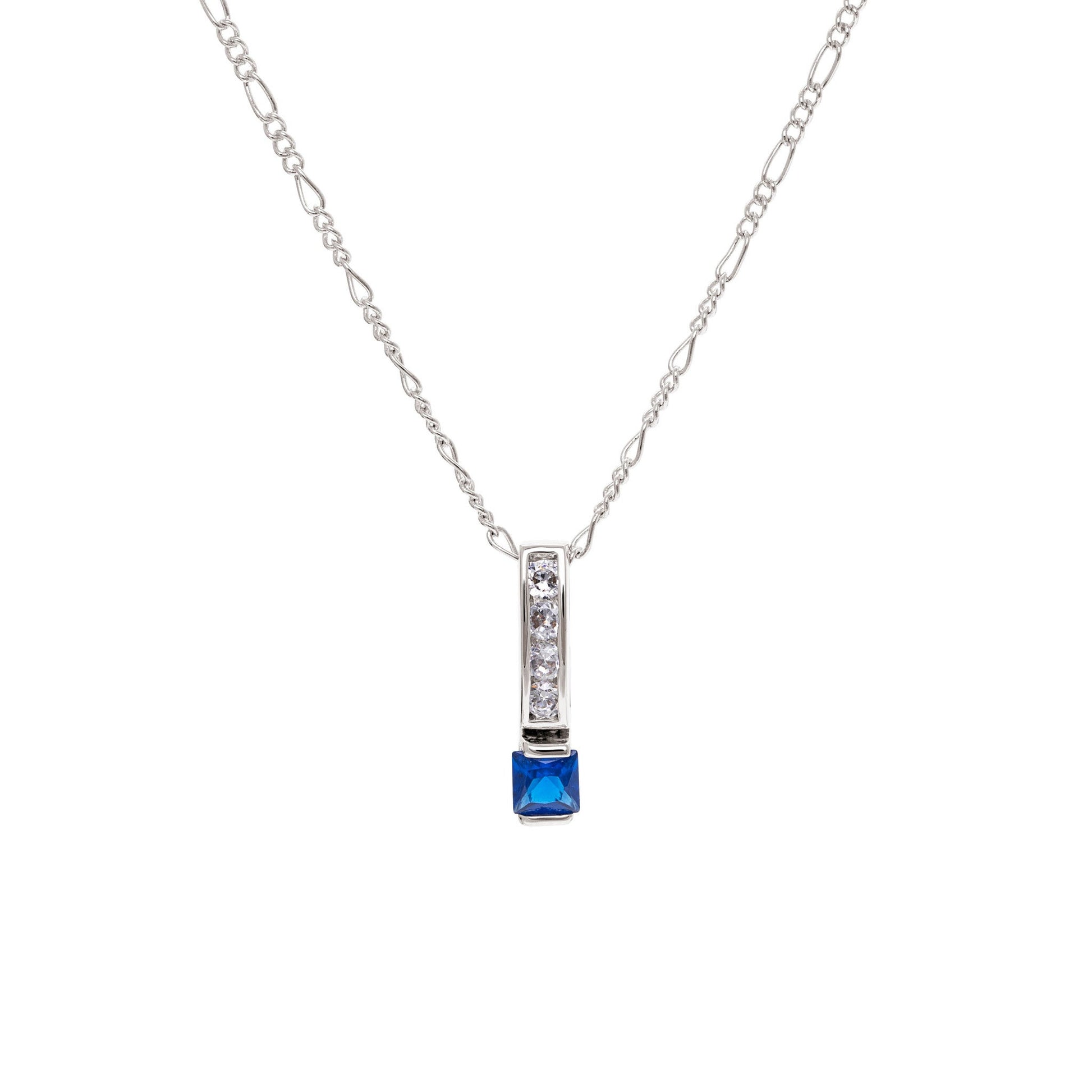 A square simulated diamond sapphire necklace displayed on a neutral white background.