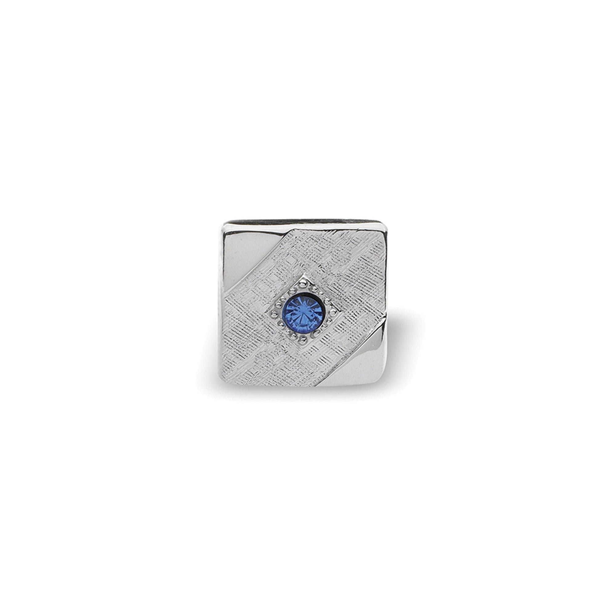A square florentine tie tack with blue stone displayed on a neutral white background.