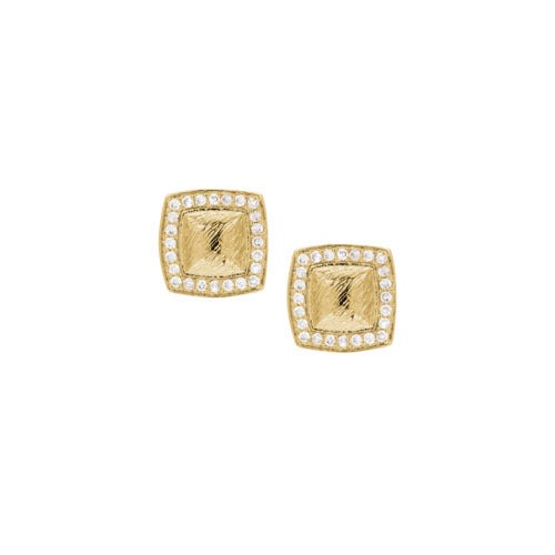 A square gold earrings with white cz's and brushed center displayed on a neutral white background.