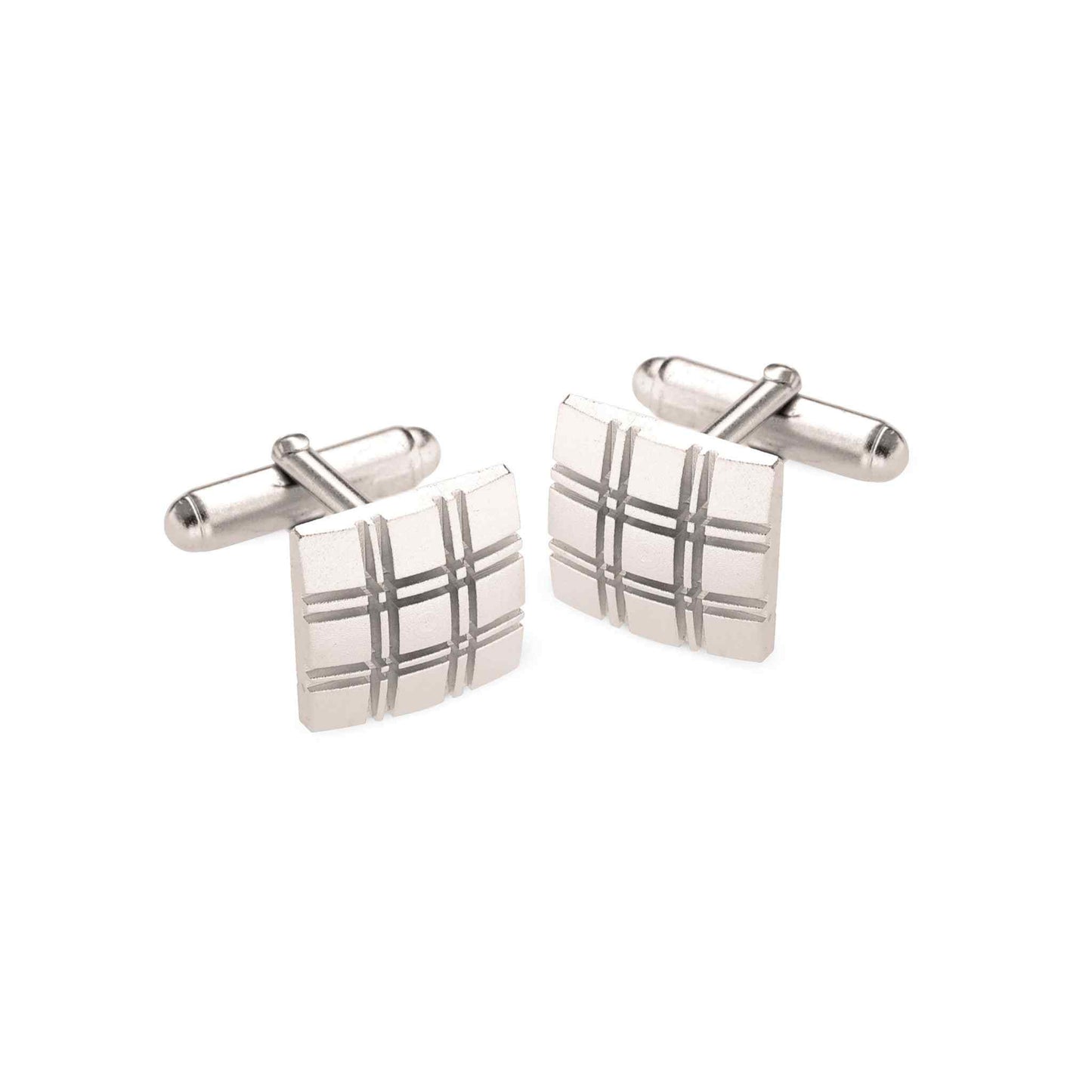 A square plaid cufflinks displayed on a neutral white background.