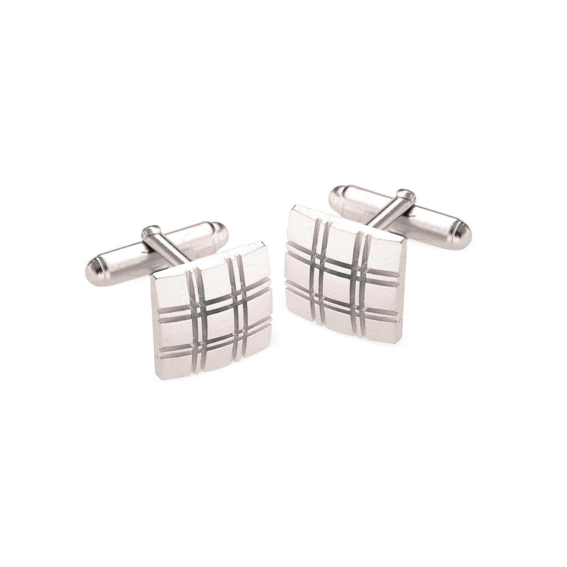 A square plaid cufflinks displayed on a neutral white background.
