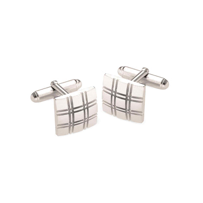 A square plaid cufflinks displayed on a neutral white background.