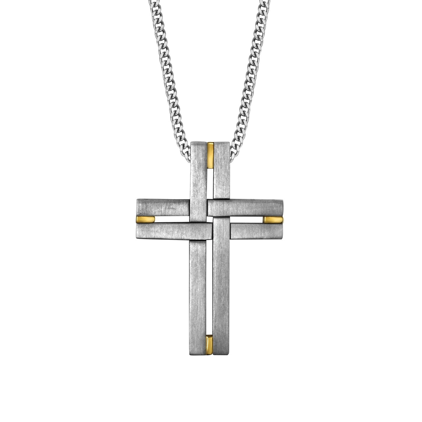 A stainless steel men's cross necklace on 24" chain displayed on a neutral white background.