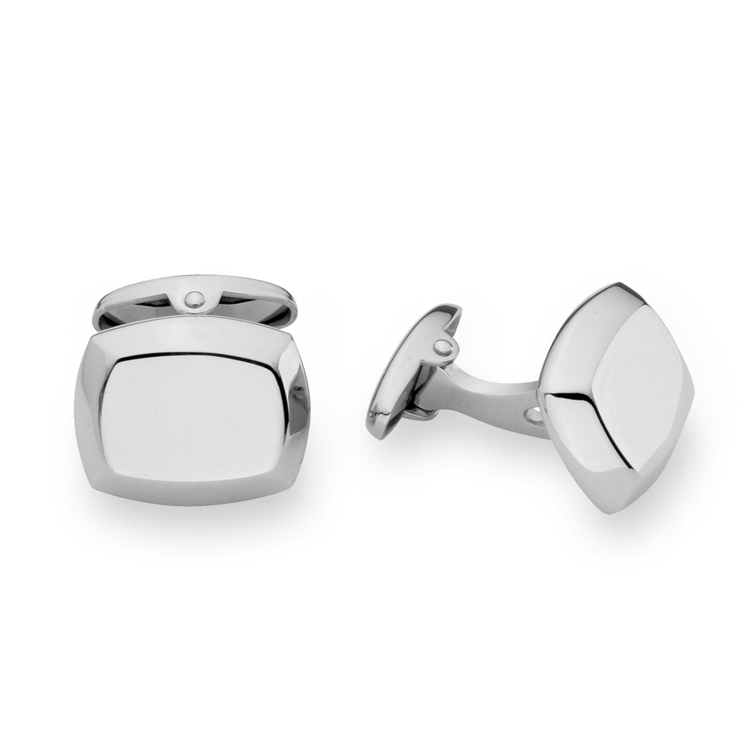 A stainless steel beveled rectangle cufflinks displayed on a neutral white background.