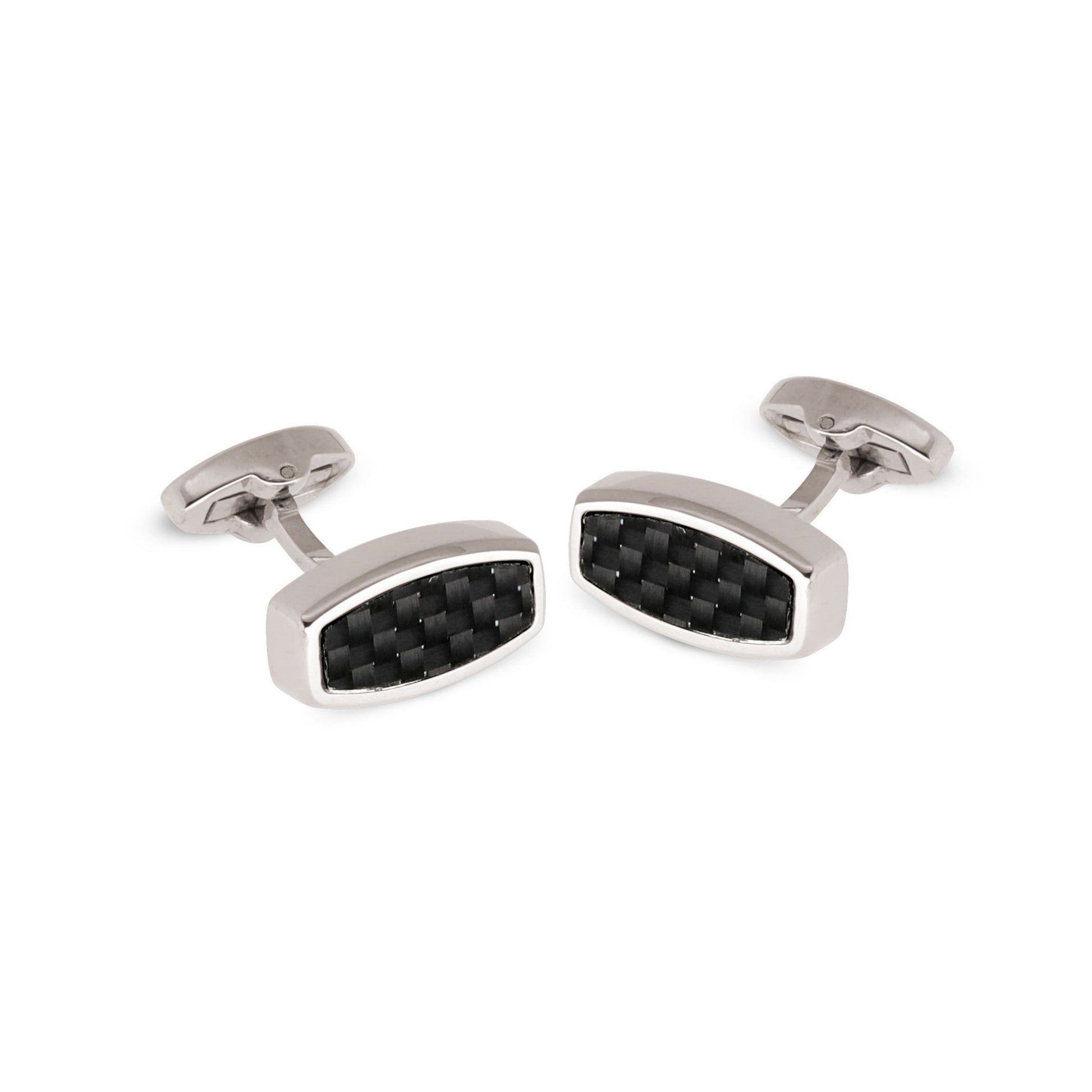 A stainless steel & black carbon fiber cufflinks displayed on a neutral white background.