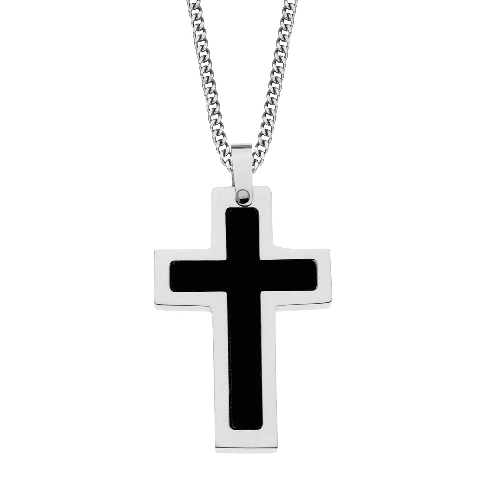 A stainless steel matte black cross men's necklace displayed on a neutral white background.