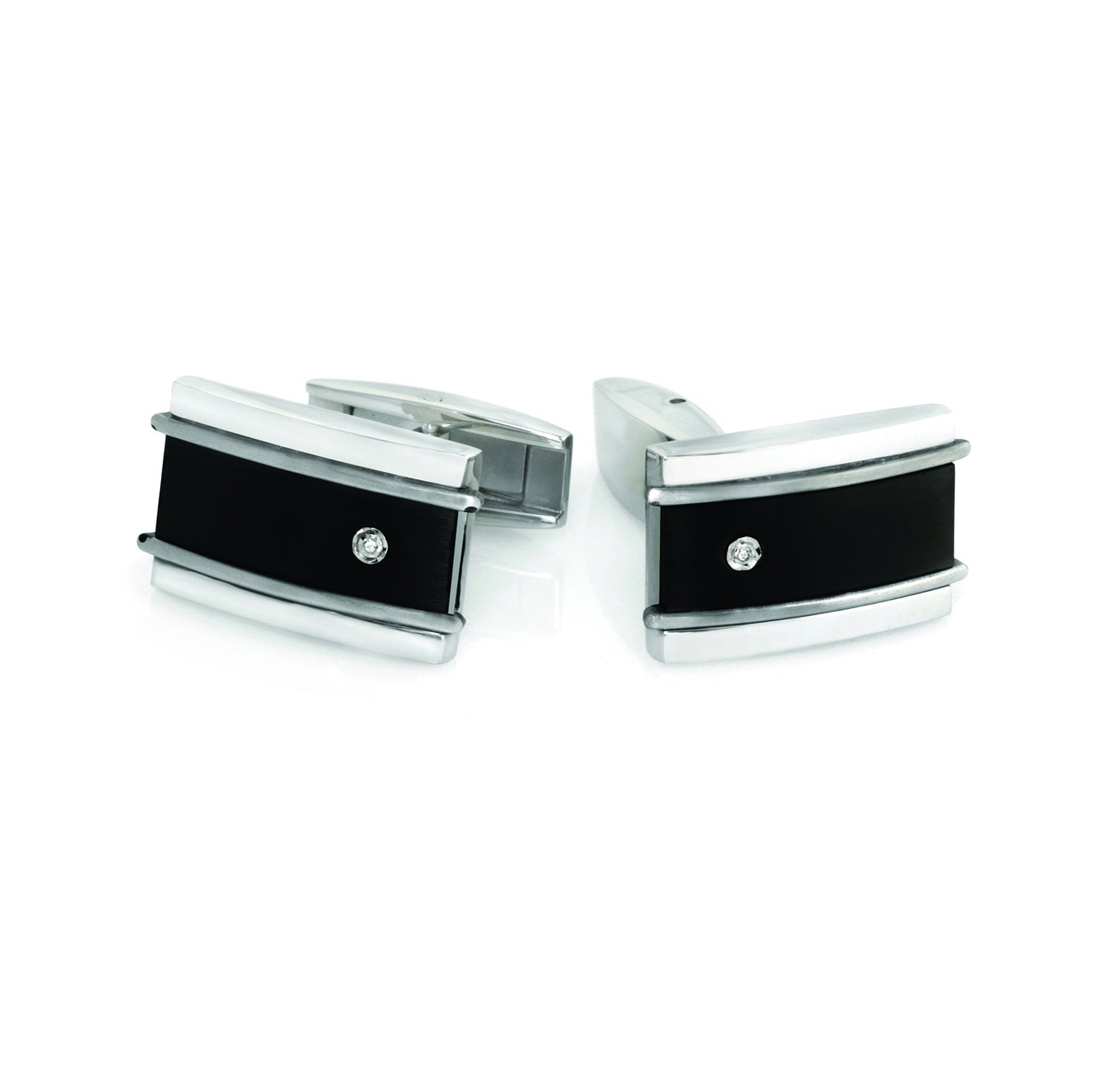 A stainless steel black titanium cufflinks with diamonds displayed on a neutral white background.