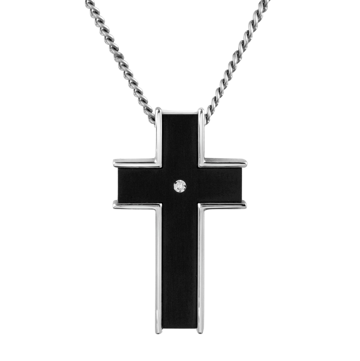 A stainless steel, black titanium & diamond steel cross on 24" chain displayed on a neutral white background.