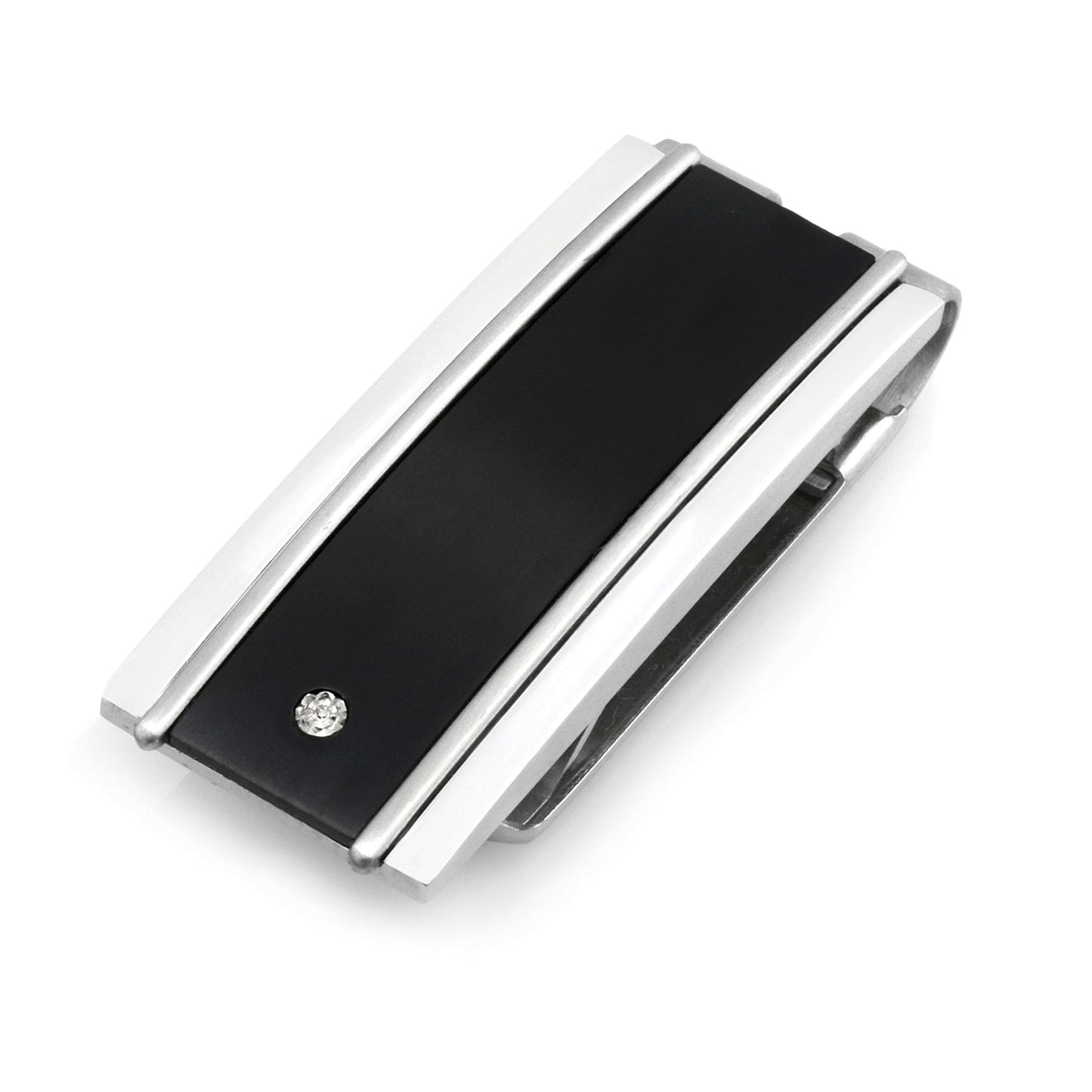 A stainless steel & black titanium money clip with diamond displayed on a neutral white background.