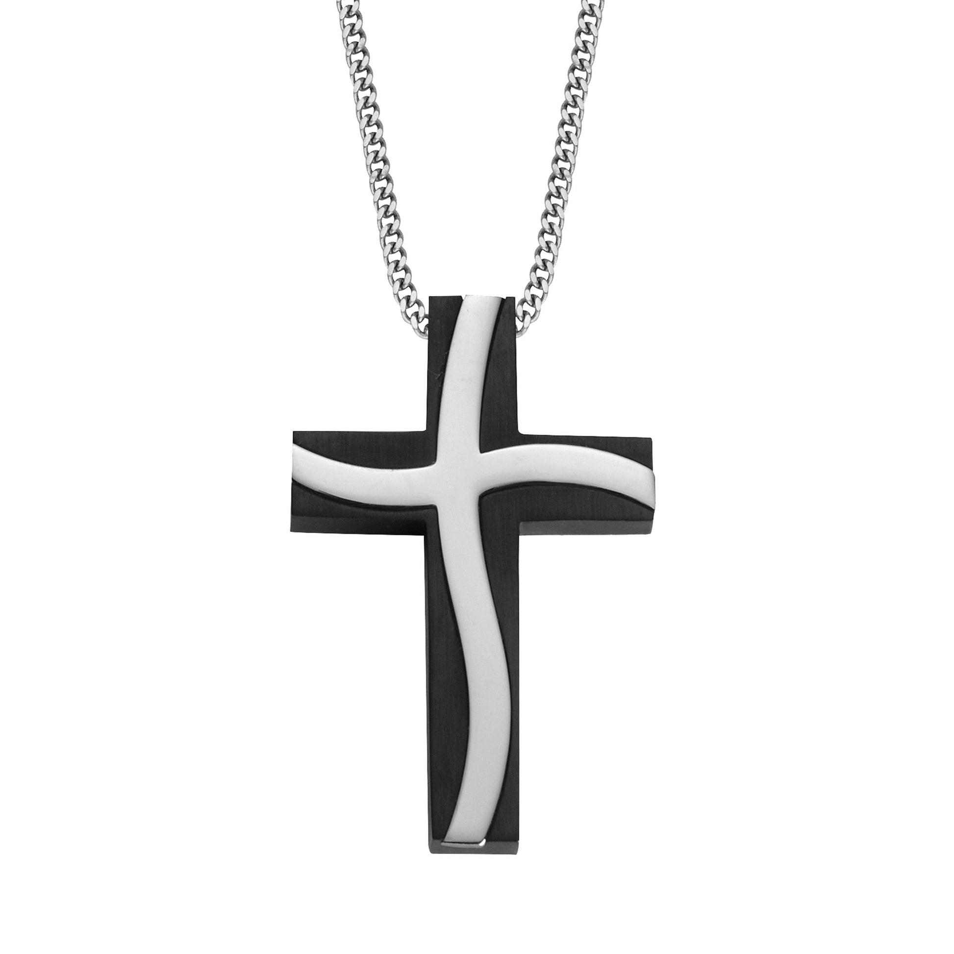 A stainless steel & black wavy cross necklace displayed on a neutral white background.