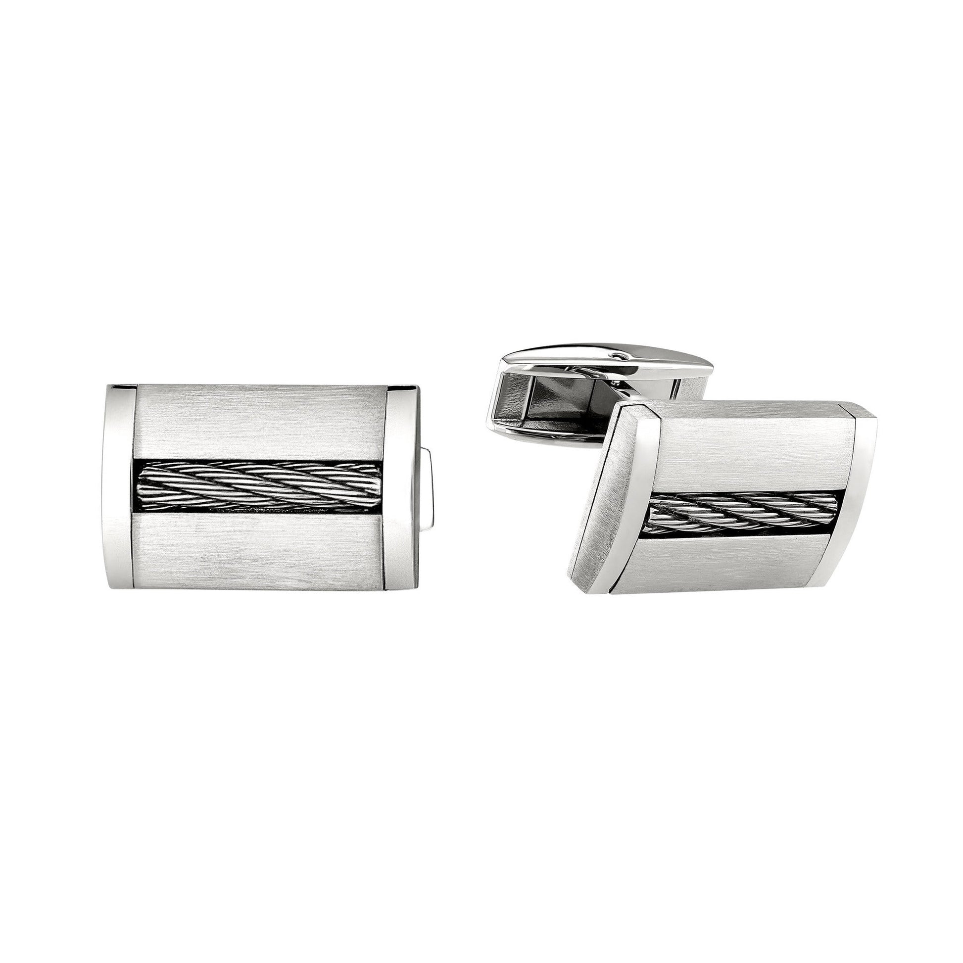 A stainless steel cable cufflinks displayed on a neutral white background.