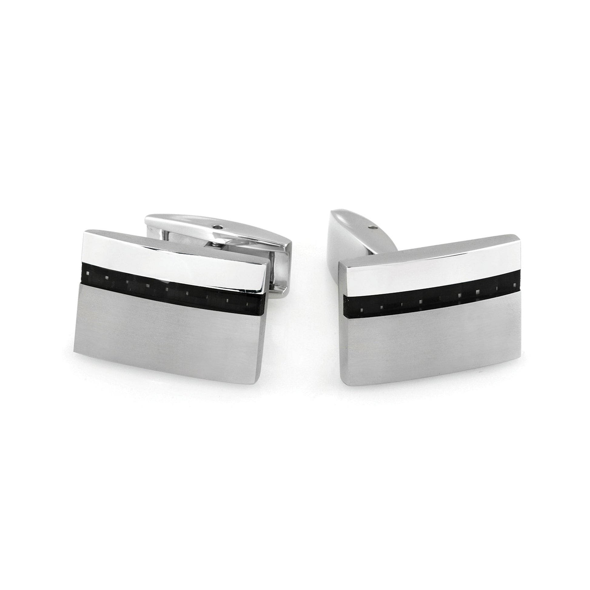 A stainless steel & carbon fiber cufflinks displayed on a neutral white background.