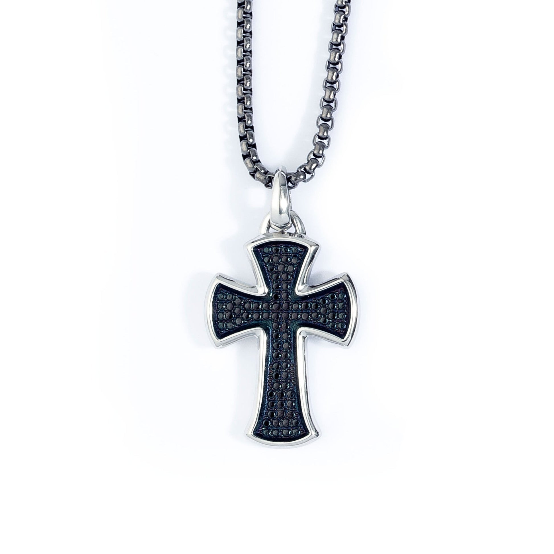 A stainless steel men's cross necklace with black simulated diamonds displayed on a neutral white background.