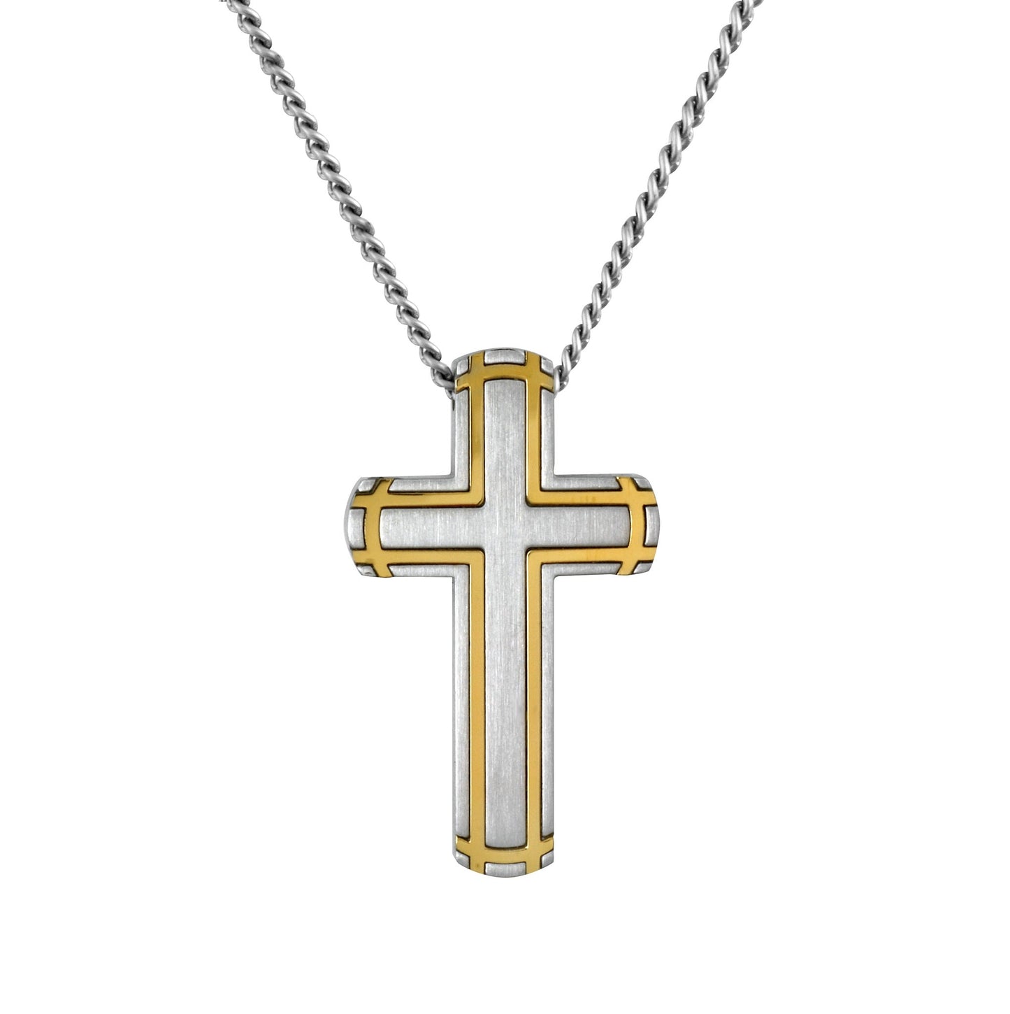 A stainless steel cross with gold bands on 24" chain displayed on a neutral white background.