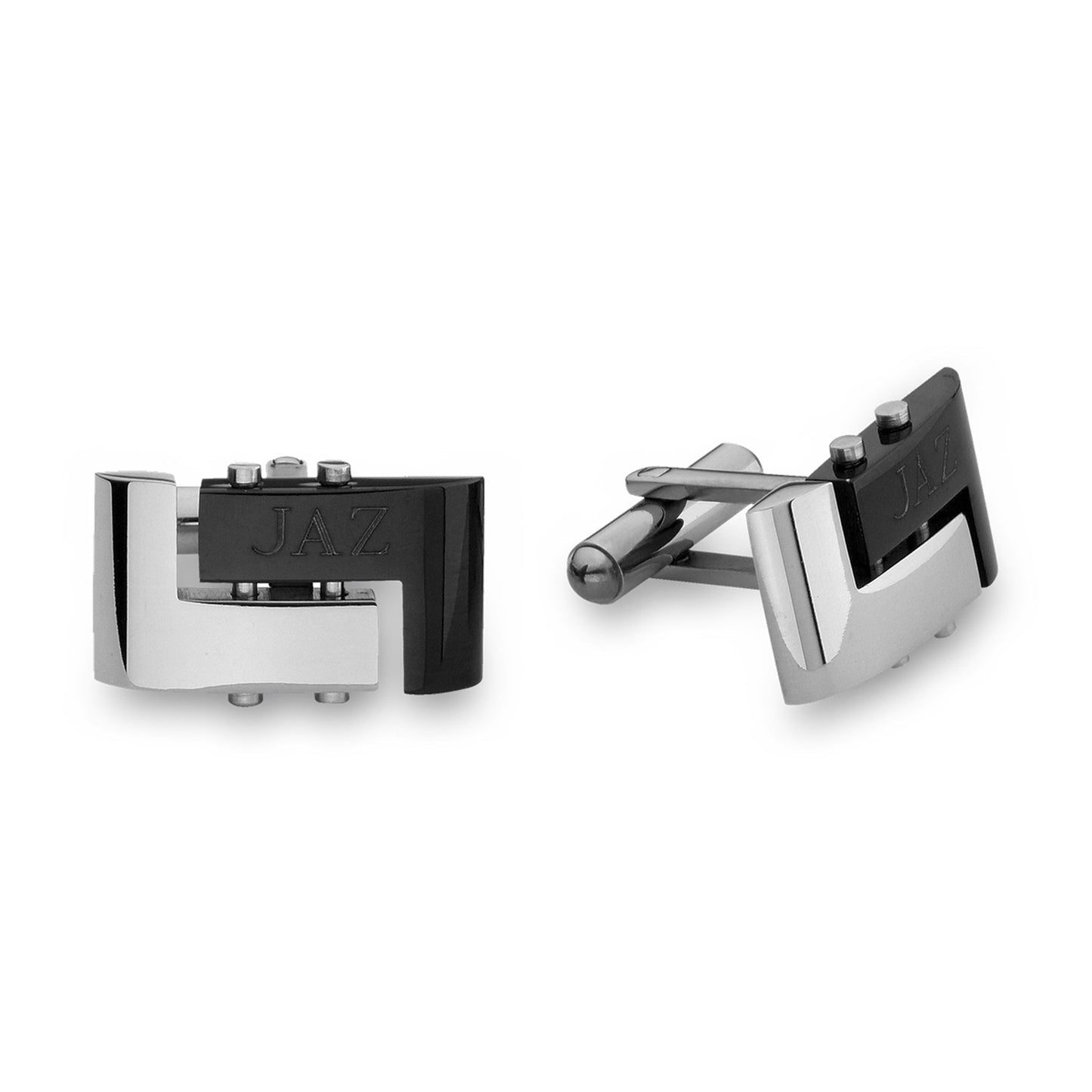 A geometric black & silver stainless steel cufflinks displayed on a neutral white background.