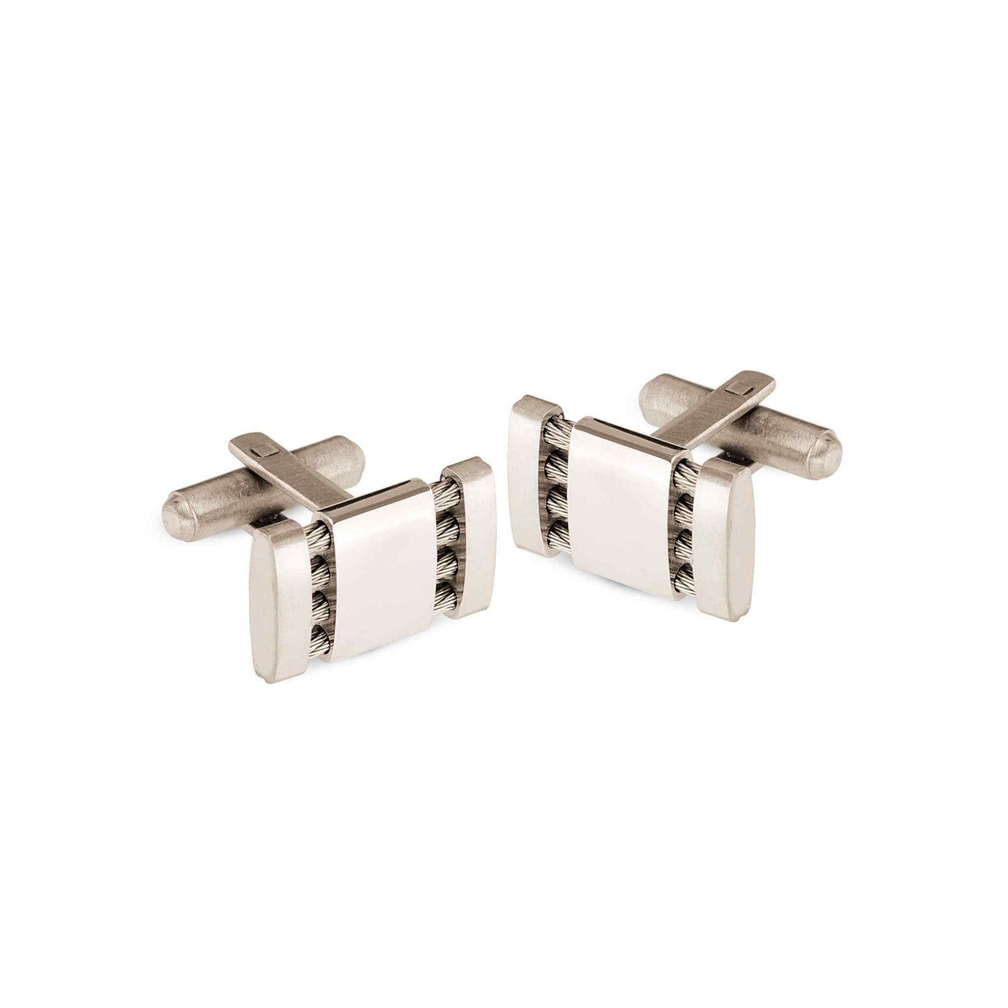 A stainless steel cufflinks with cable displayed on a neutral white background.