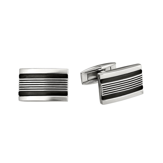 A stainless steel cufflinks with black lines displayed on a neutral white background.