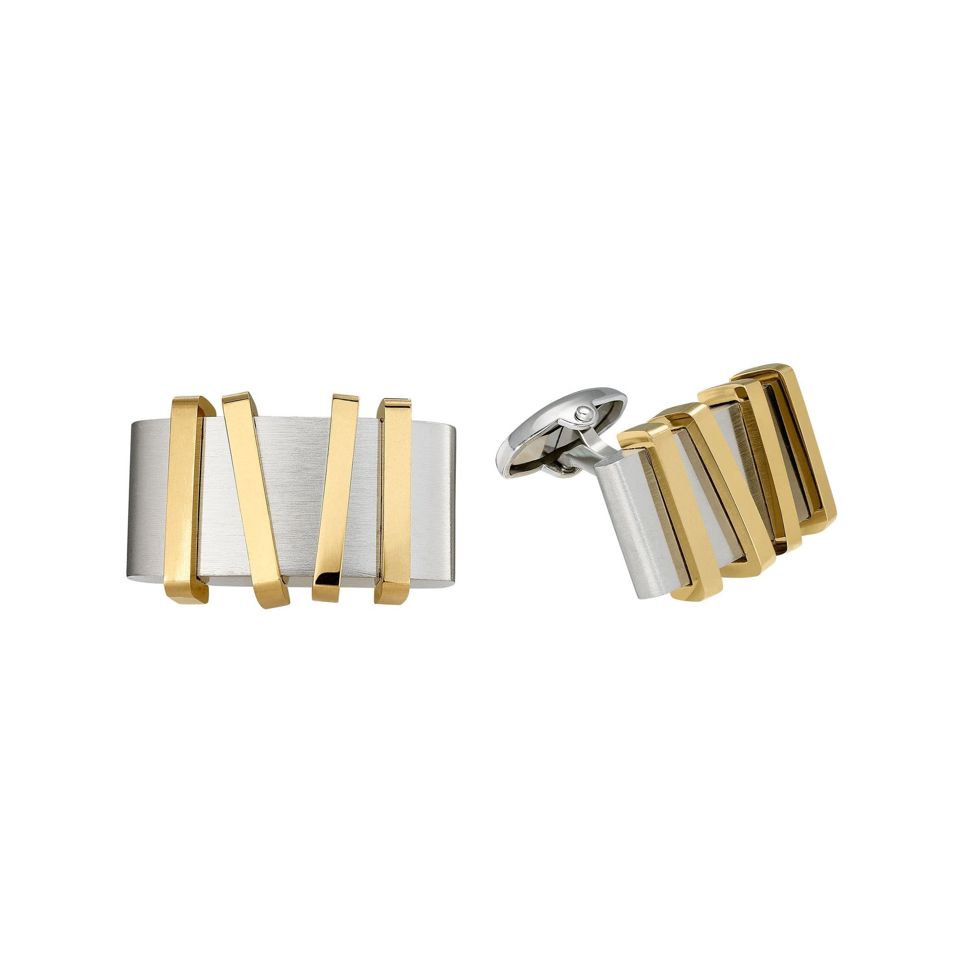 A stainless steel cufflinks with gold geometric stripes displayed on a neutral white background.