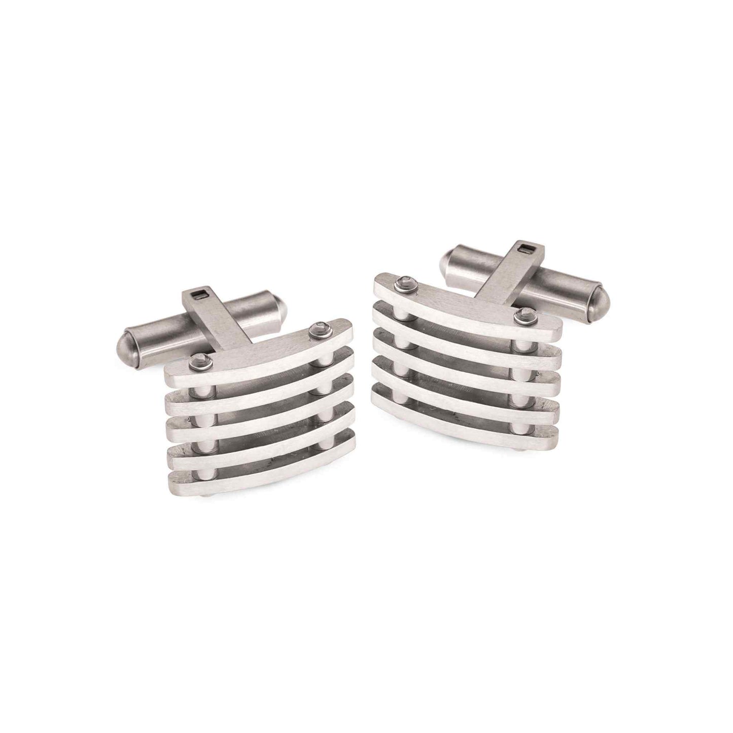 A stainless steel cufflinks with slats displayed on a neutral white background.