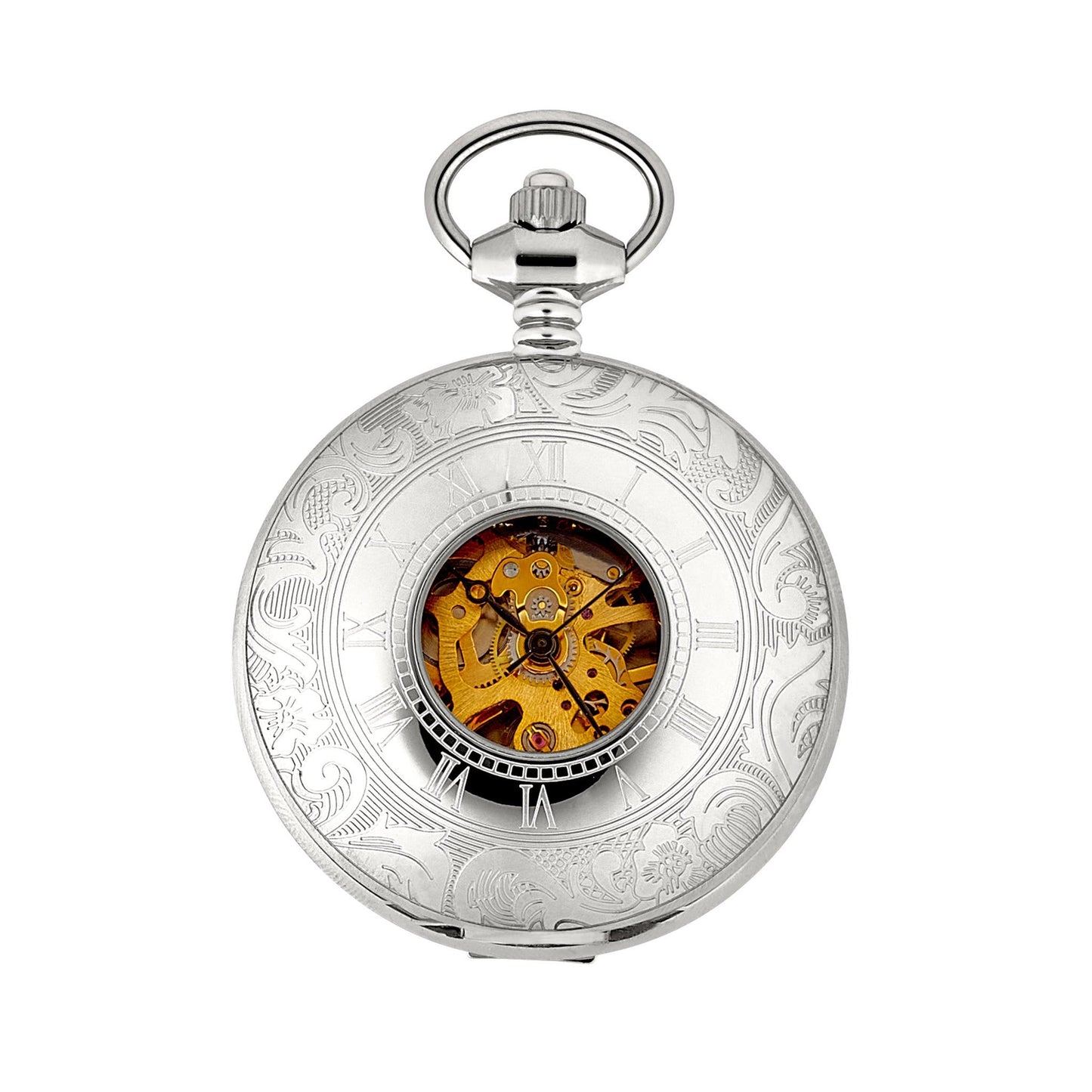 A stainless steel pocket watch with gold mechanics displayed on a neutral white background.