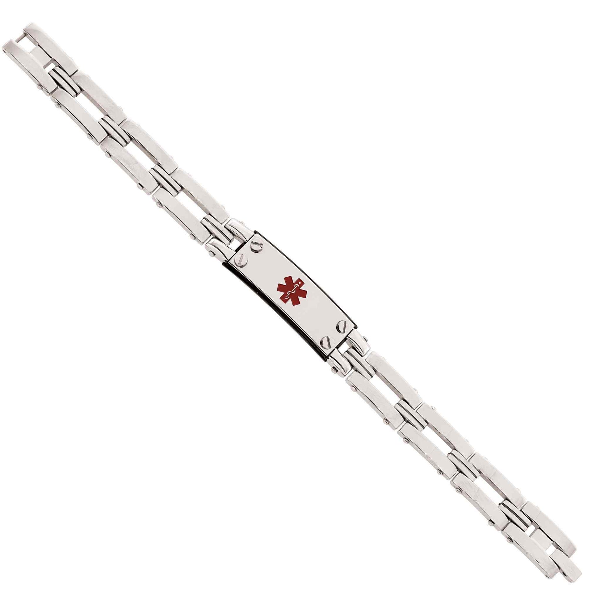 A stainless steel 8 3/4" adjustable medical id bracelet displayed on a neutral white background.