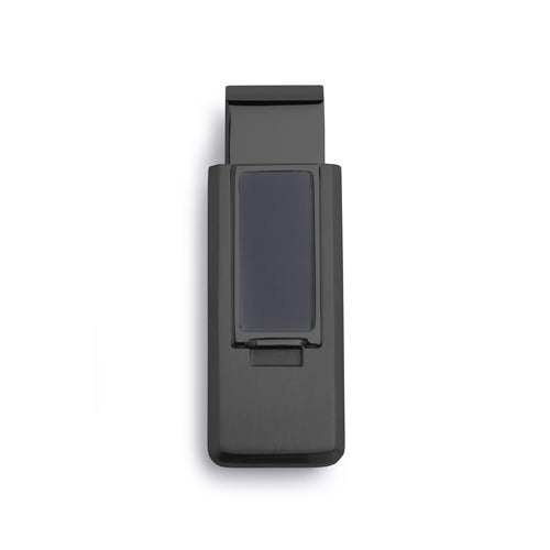 A stainless steel flip money clip with black resin accent displayed on a neutral white background.