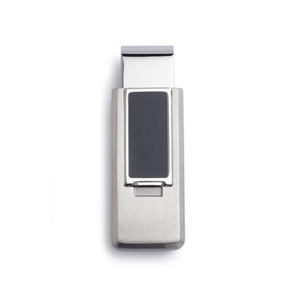 A stainless steel flip money clip with black resin accent displayed on a neutral white background.