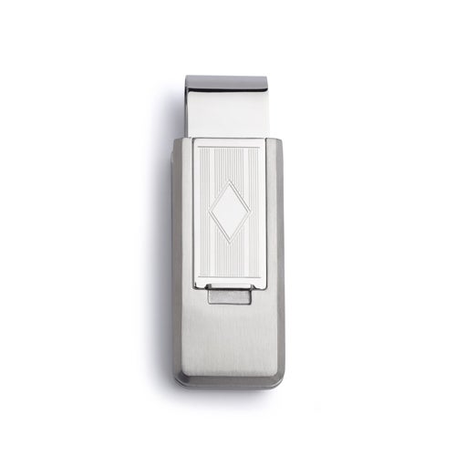A stainless steel flip money clip with diamond shaped accent displayed on a neutral white background.