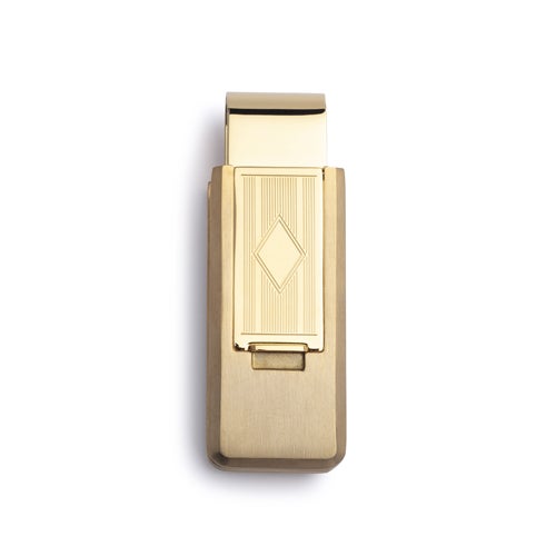 A stainless steel flip money clip with diamond shaped accent displayed on a neutral white background.
