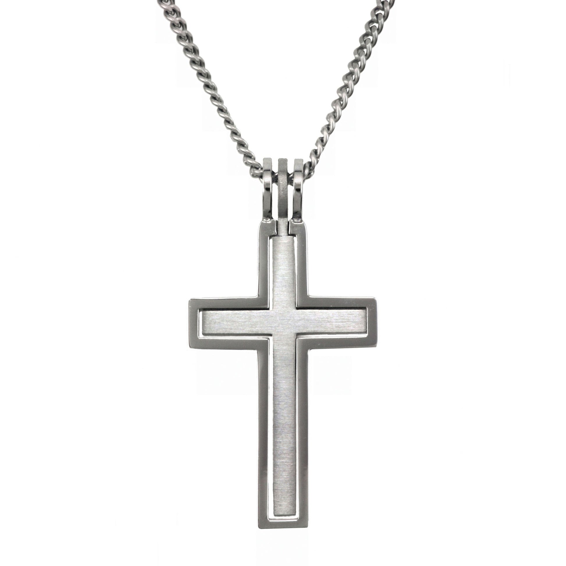 A stainless steel florentine cross necklace on 24" chain displayed on a neutral white background.