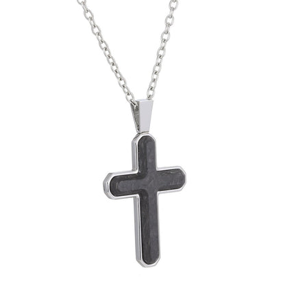 A stainless steel forged carbon cross necklace displayed on a neutral white background.