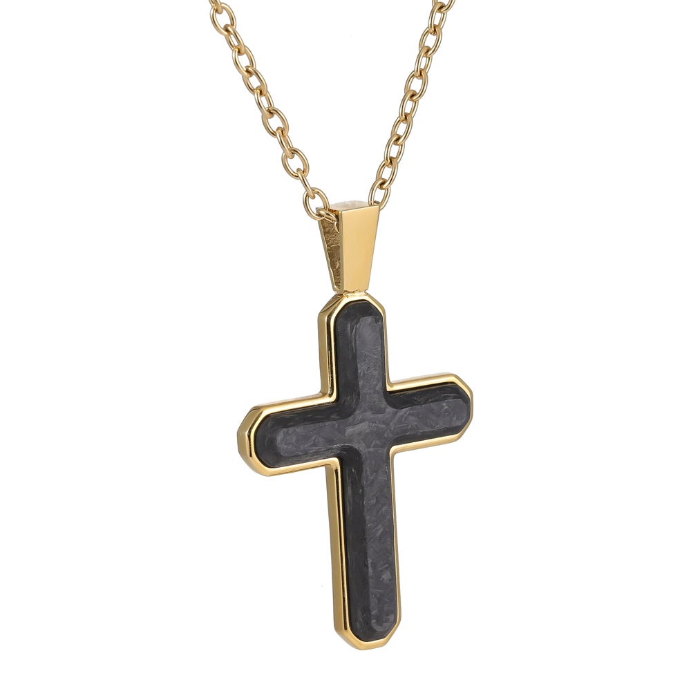 A stainless steel forged carbon cross necklace displayed on a neutral white background.