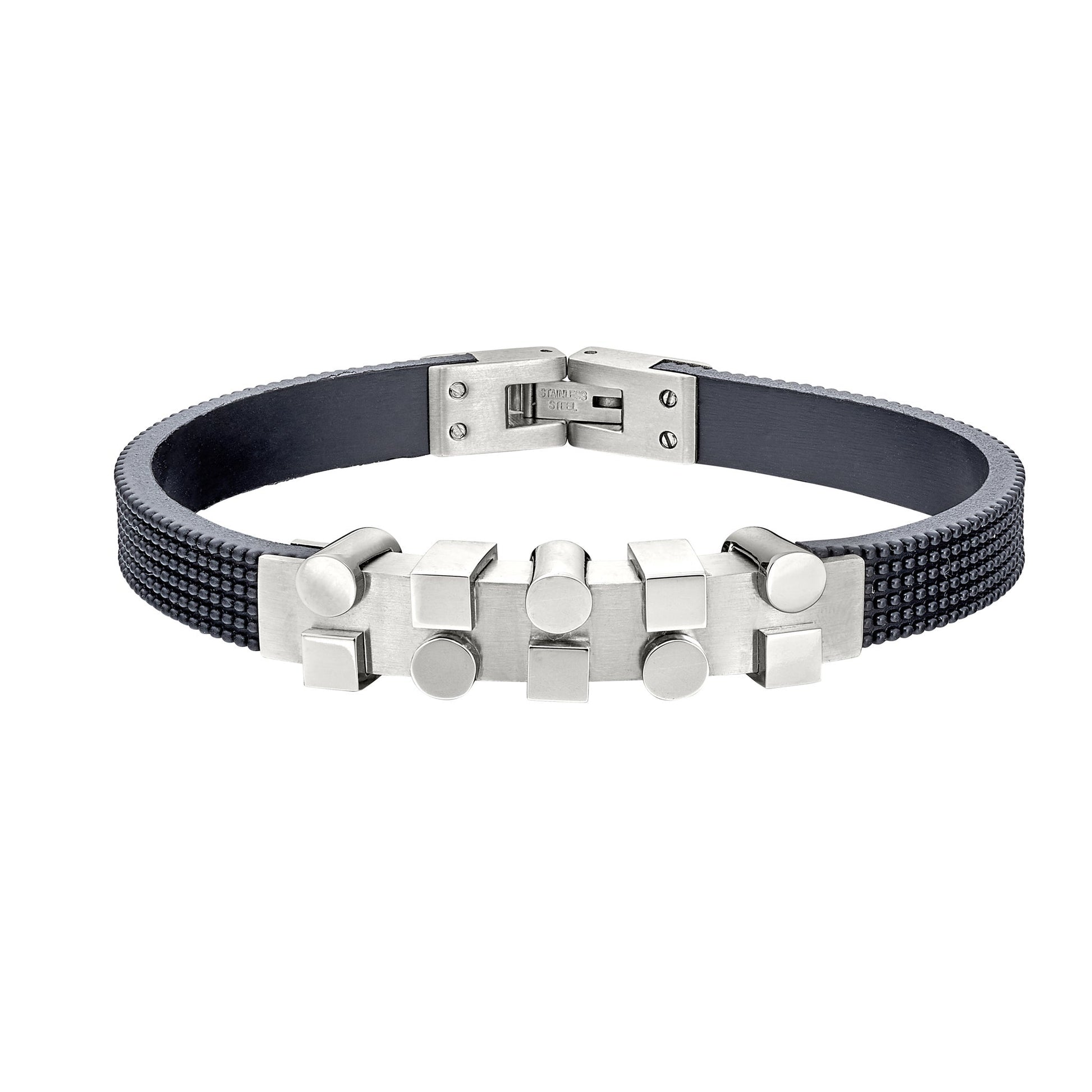 A stainless steel geometric bracelet displayed on a neutral white background.