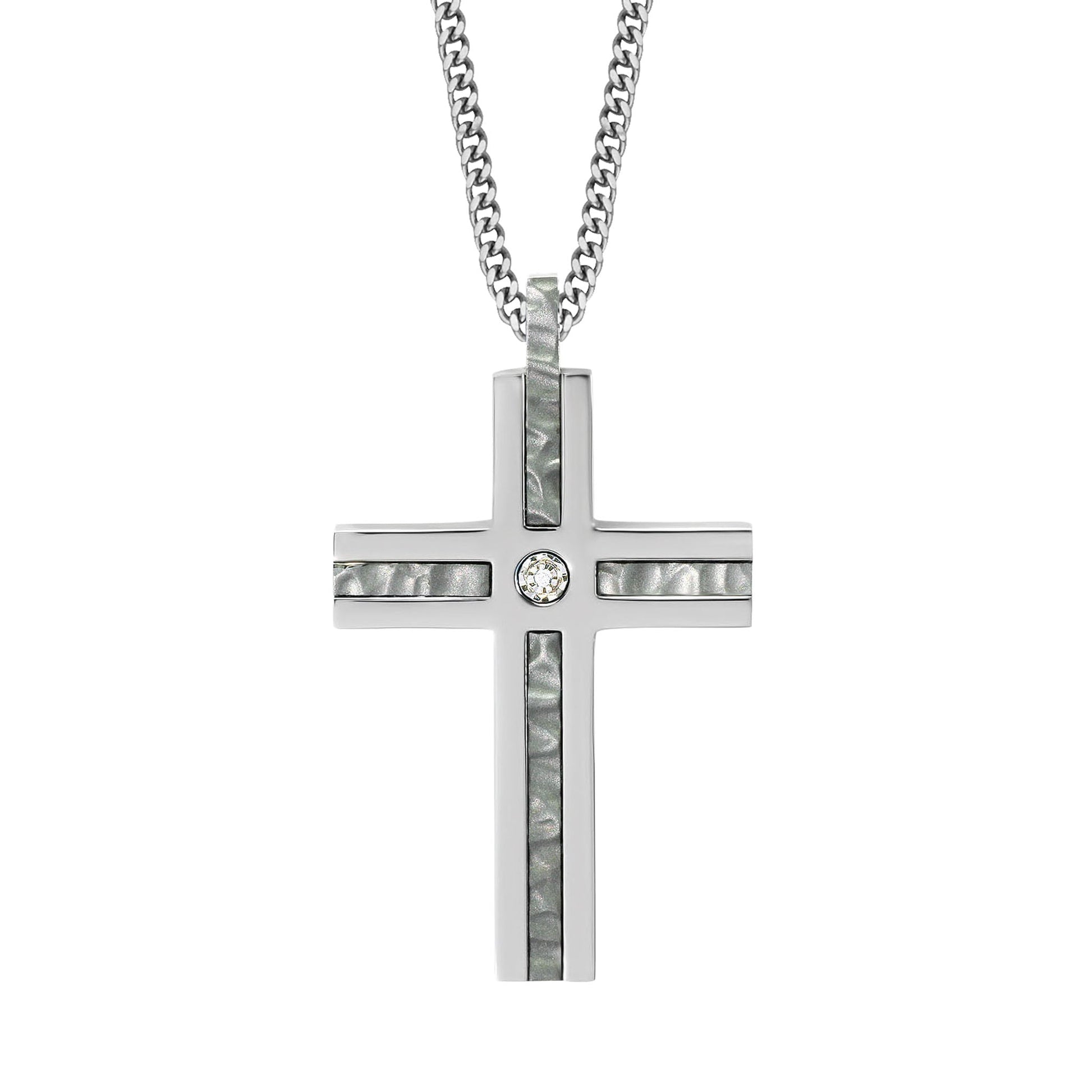 A stainless steel hammered finish cross with diamond on 24" chain displayed on a neutral white background.
