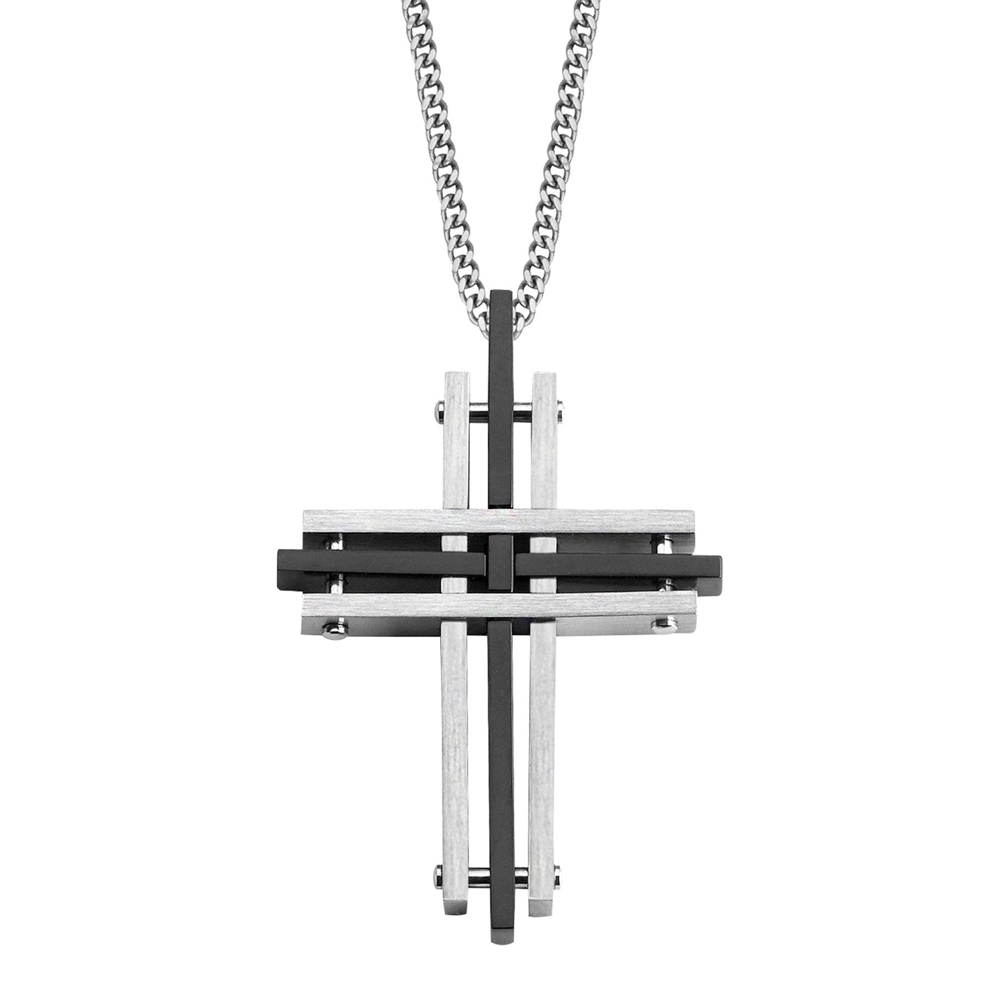 A stainless steel silver & black cross necklace on 24" chain displayed on a neutral white background.