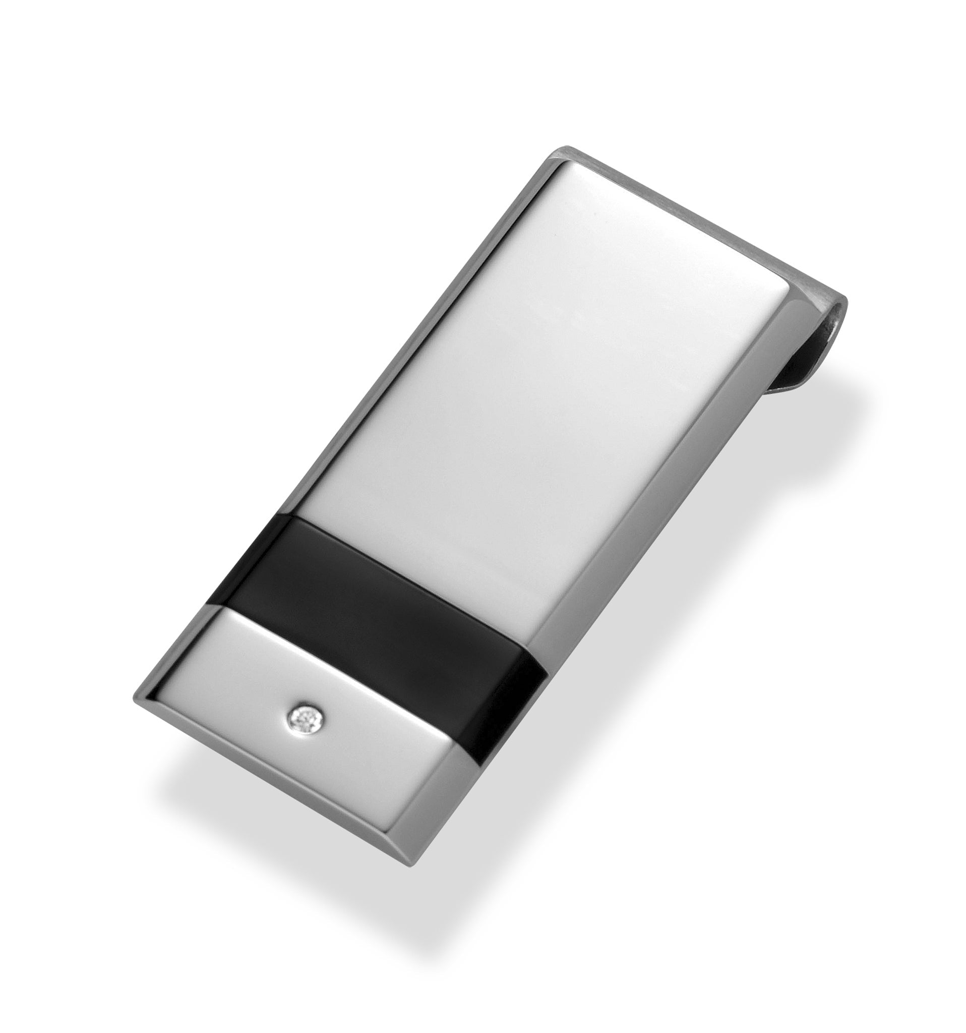 A stainless steel money clip with diamond & black accent bar displayed on a neutral white background.