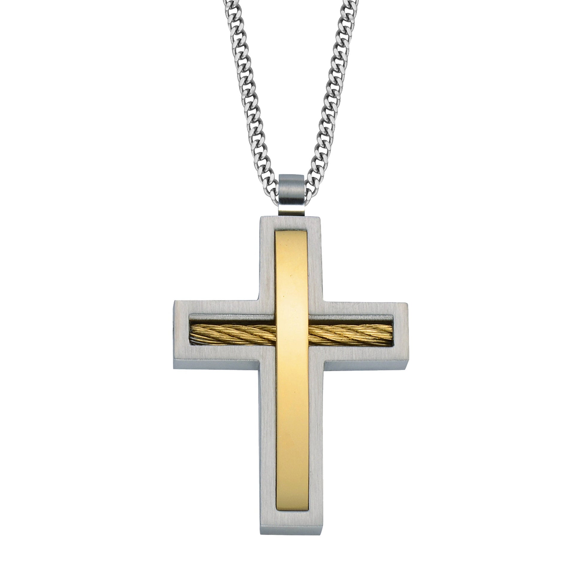 A stainless steel two-tone silver & gold cross on 24" chain displayed on a neutral white background.