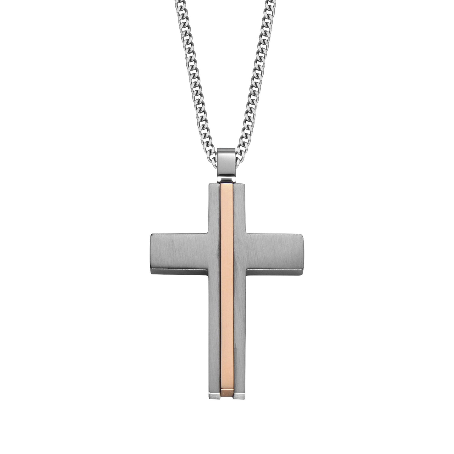 A stainless steel cross necklace with stripe accent displayed on a neutral white background.