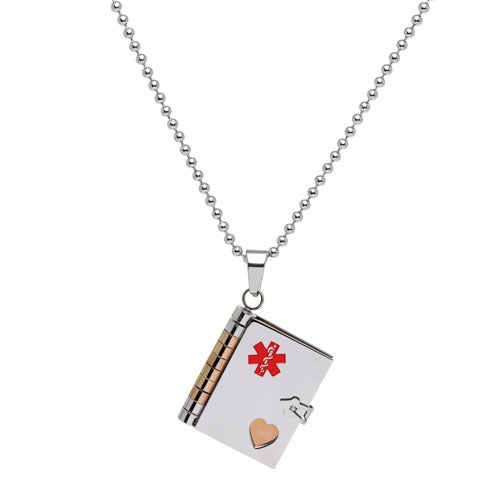 A stainless steel medical book necklace displayed on a neutral white background.
