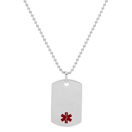 A stainless steel medical dog tag displayed on a neutral white background.