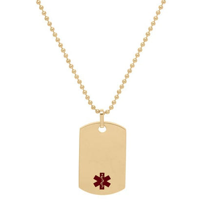 A stainless steel medical dog tag displayed on a neutral white background.